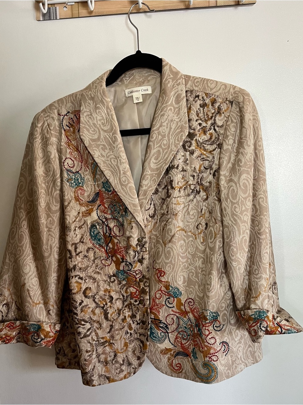 Coldwater Creek Beige Blazer with Teal, Rust & Gold Embroidery